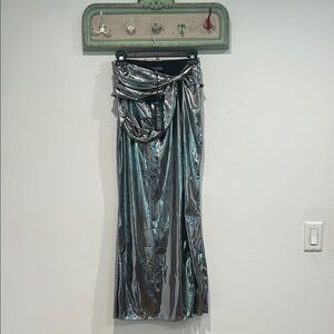 Current Mood liquid latex silver drip high slit cut out Maxi Skirt medium new